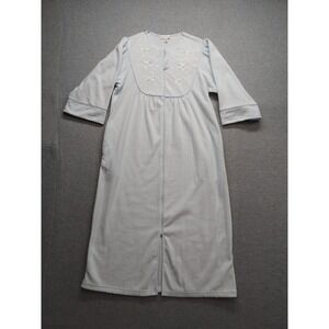 Miss Elaine Women Nightgown M Light Blue White Floral Zip Slit 3/4 Sleeve Sleep
